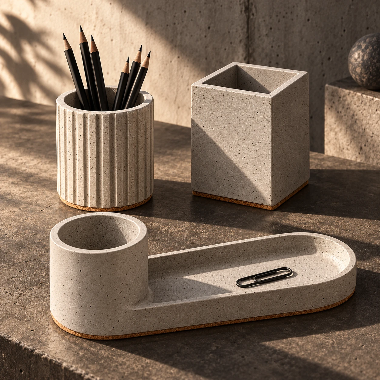 Concrete pen holders on an architectural workspace in natural afternoon light
